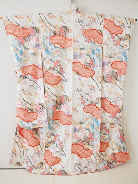Vintage Japanese Silk Kimono FURISODE, Ume, Wisteria, Iris, White K581