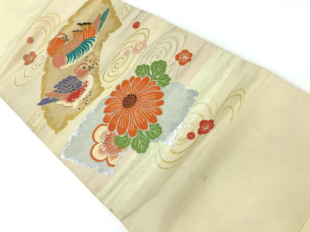 6337451: Japanese Kimono / Antique Nagoya Obi / Woven Mandarin Ducks & Flower