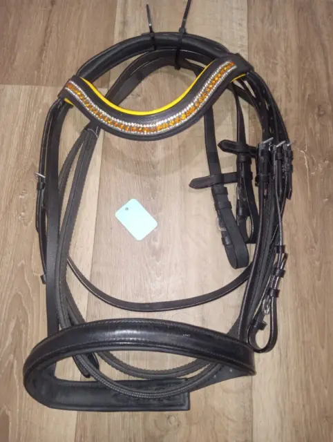 Horse bridle, padded crown black English dressage bling leather yellow gold