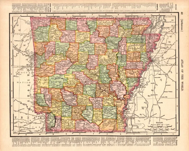 1902 Antique ARKANSAS State Map Vintage Rand McNally Atlas Map of Arkansas 1499