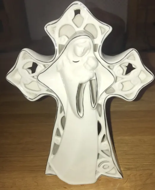 Madonna Child Jesus Ceramic Cross Tea Light Holder  Large 22 x 16 cm