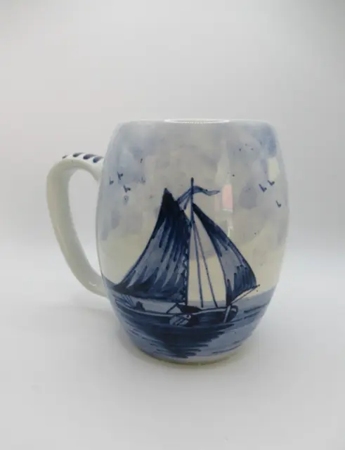 Vintage Delft blue and white hand painted windmill sailboat mug Netherlands