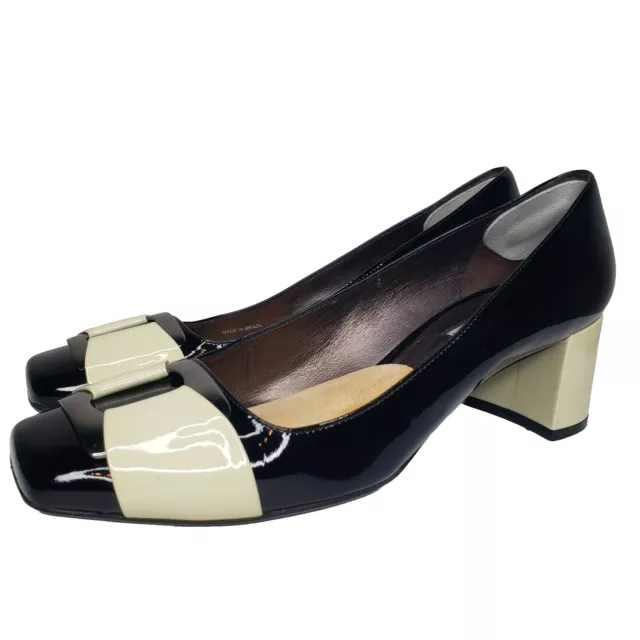 Via Spiga Womens 8.5M Pumps Heels Black Beige Patent Leather Shoes Chrome Buckle