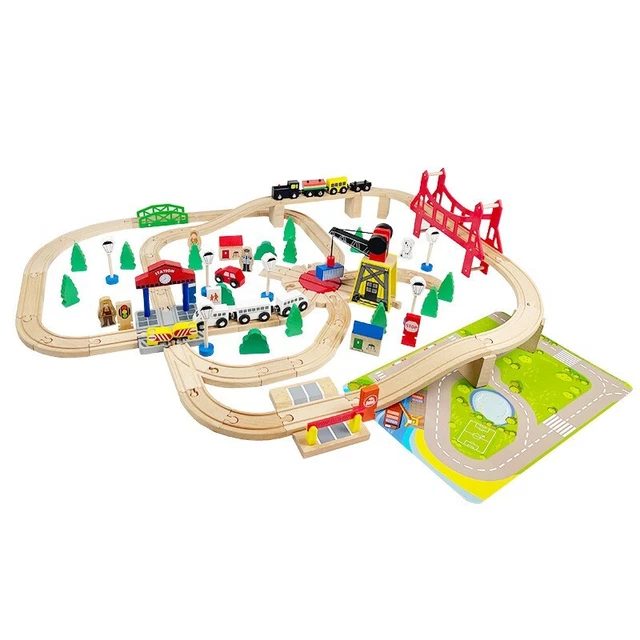 HERMORRYSS Holzeisenbahn Set 100-teilig - Mit Magnetkran Und Baustellen-Accessoires