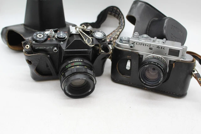 F x2 Vintage USSR KMZ Cased Film Cameras Inc. Zorki-4K, Zenit EM etc