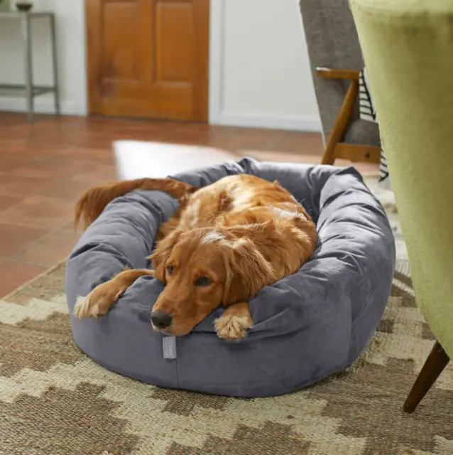 New Velvet Round Bolster Dog Bed w/Removable Cover X-large Gray