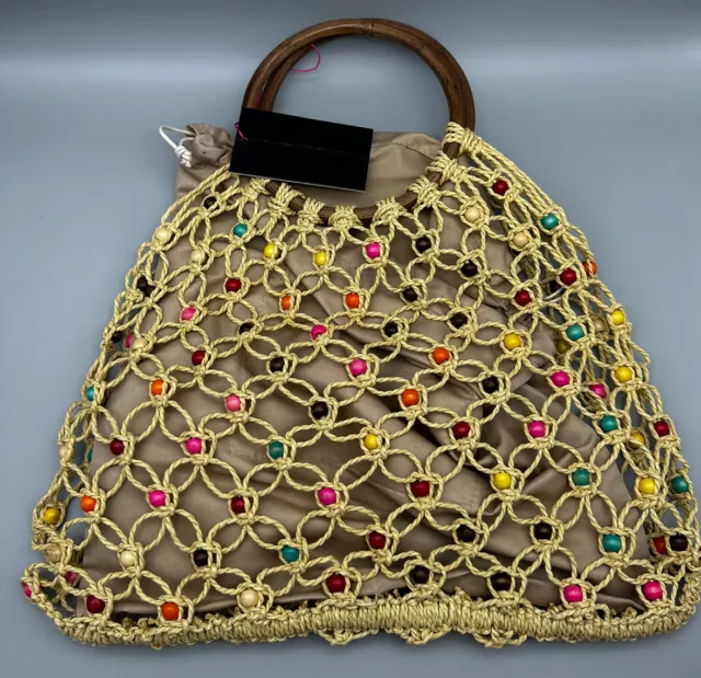 South Beach Bag Exclusive Natural Beaded W/ Wooden Handle Bright Beads