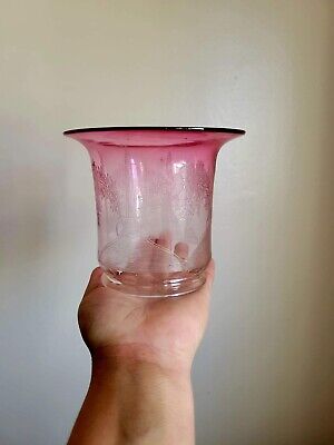 Antique Cranberry to Clear Acid Etched Floral Glass Gas Oil Lamp Shade