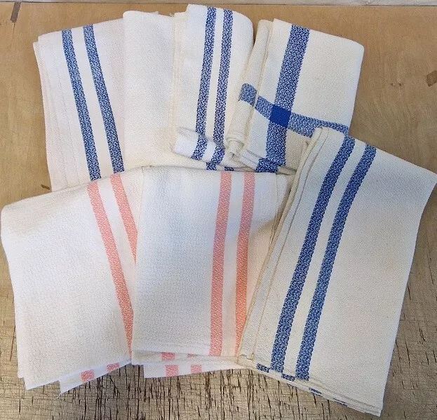 6 sehr schöne alte Halb Leinen Handtücher blaue rosa Streifen Struktur -Konvolut