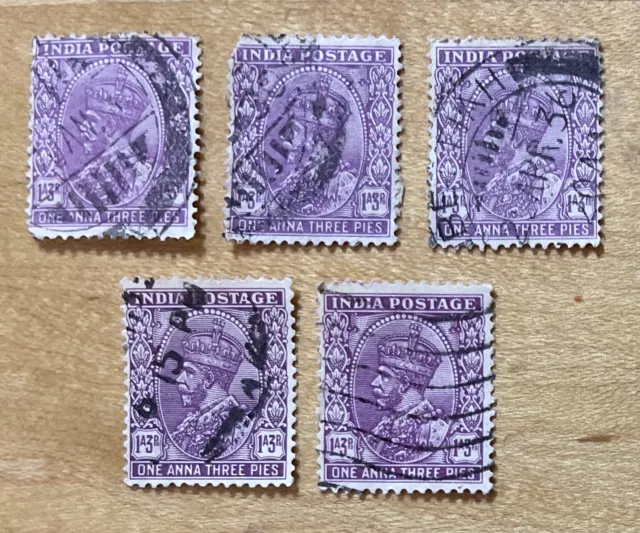 India Postage Stamp 1932 Lot Of 5 King George V 1 Anna/3 Paisa Used
