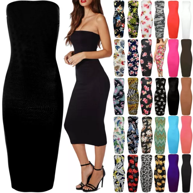 New Womens Plain Boob Tube Strapless Stretch Long Bodycon Ladies Midi Dress 8-22