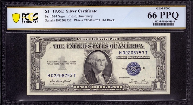 1935 E $1 Silver Certificate Note Currency Fr.1614 Hi Block Pcgs B Gem 66 Ppq