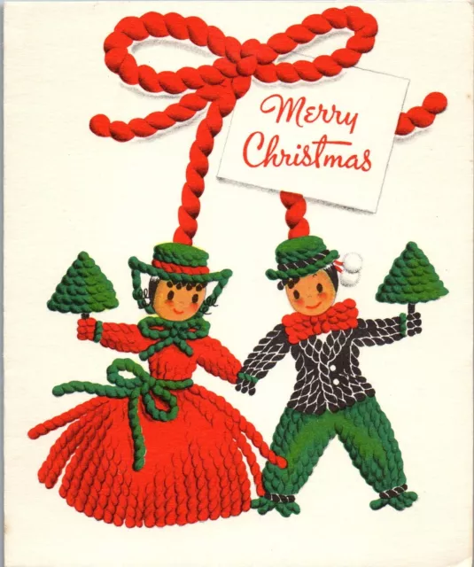 Yarndoll Yarn Doll Boy and Girl Ornament Decoration VTG Christmas Greeting Card