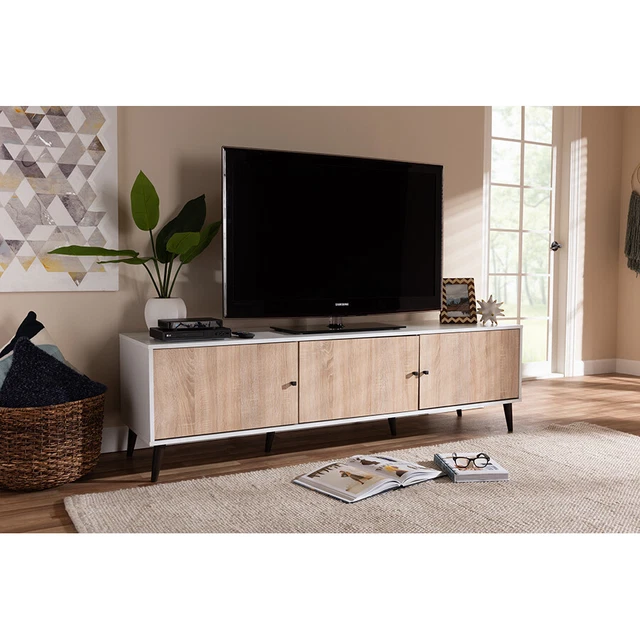 Baxton Studio Bastien Mid-Century Modern White And Light Oak 6-Shelf Tv Stand