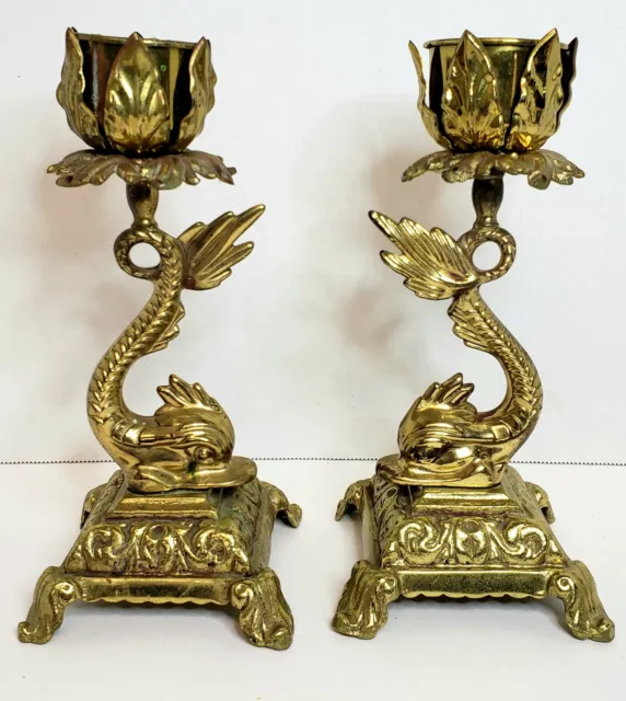 Vintage Brass Pair Lotus Flower Koi Dolphin Candle Holders 8.25" Pedestal Base
