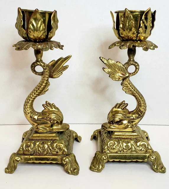 Vintage Brass Pair Lotus Flower Koi Dolphin Candle Holders 8.25" Pedestal Base