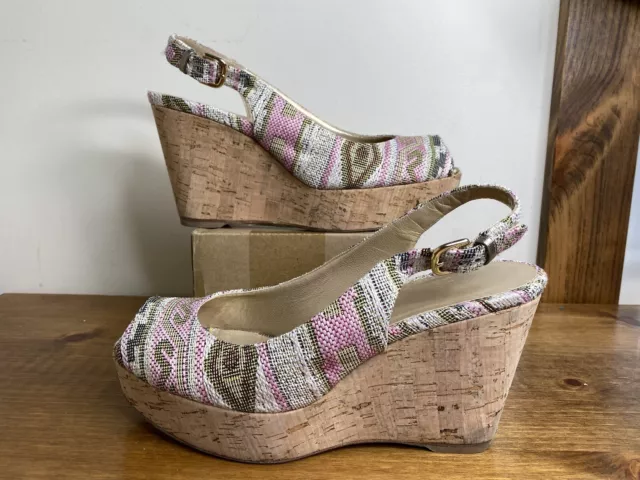 Stuart Weitzman Logoyork Jacquard Wedge Peep Toe Pump Pink Size 8 2