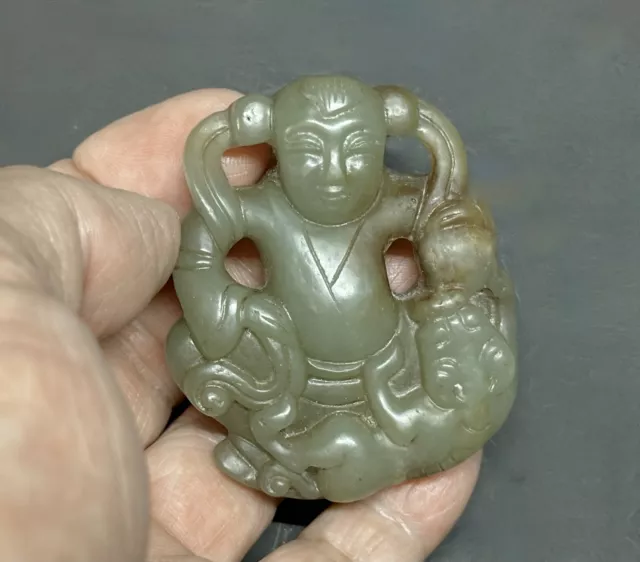 Antique Chinese carved nephrite celadon jade figure of a boy