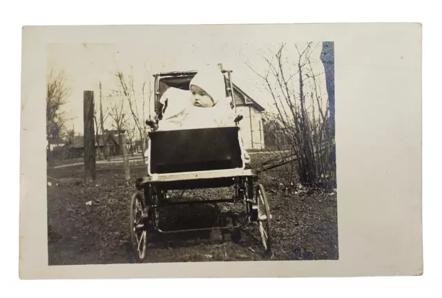 c1907-1929 RPPC Postcard Adorable Baby Riding In A Stroller Unused Unposted