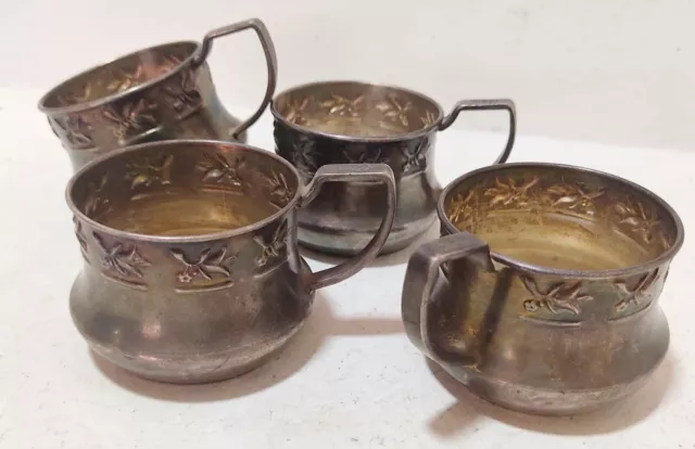 Antique Silver Hand Carved Plated Lot of 4 Cups Vintage Signed 100 With Handles