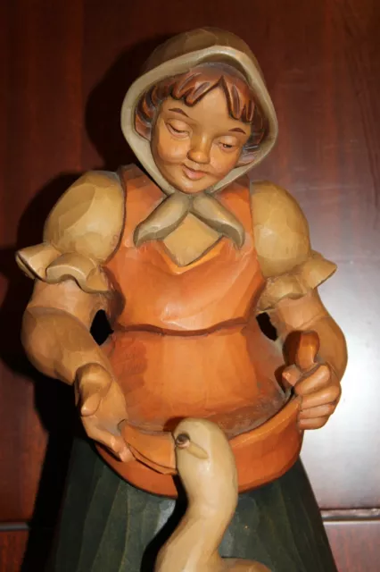 Vtg 15" Wood Hand Carved German Girl Woman Goose Figure Statue Sculpture Carving