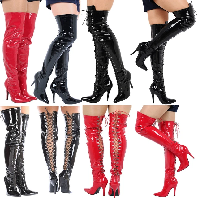 Womens Ladies Mens Thigh High Over Knee Boots Front Lace Stiletto Heel Size 3-12