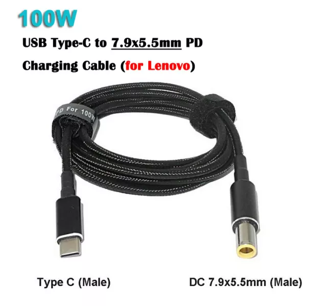 100W USB Type-C to DC Tip 7.9*5.5mm PD Charger Power Cable For Lenovo Laptops AU