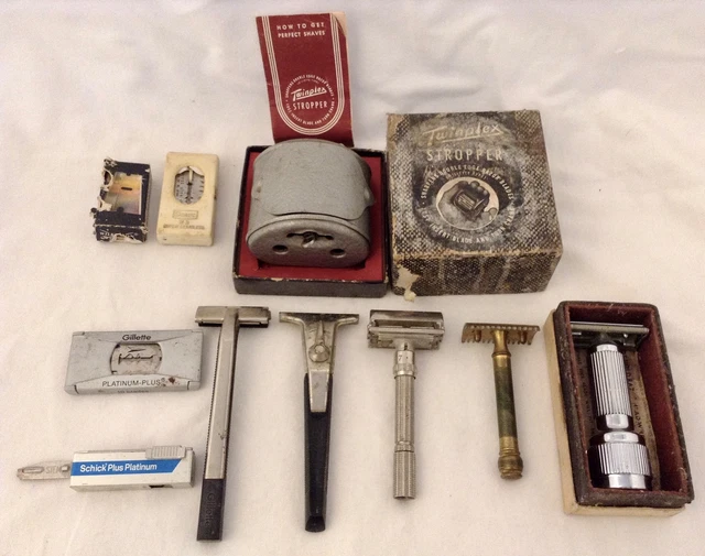 Vtg Lot Safety Razors Blades Twinplex Stropper in Box Gillette Stahly Wilkinson