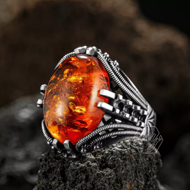 Solid 925 Sterling Silver Oval Baltic Amber Stone Men's Ring