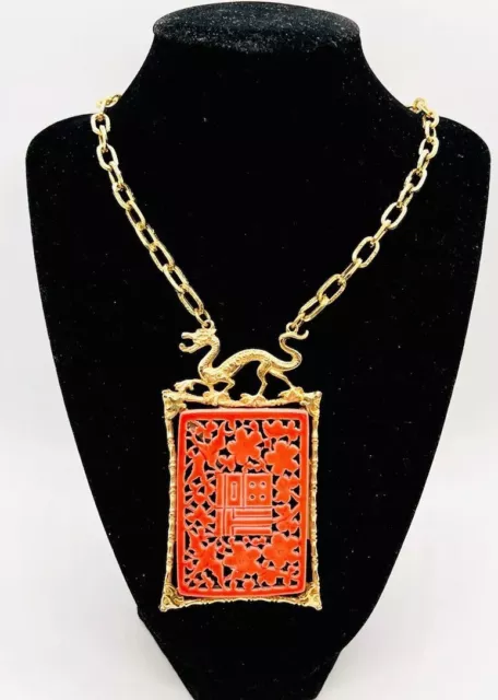Large ART  Arthur Pepper Dragon & Coral Enamel Necklace Signed Vintage Jewelry