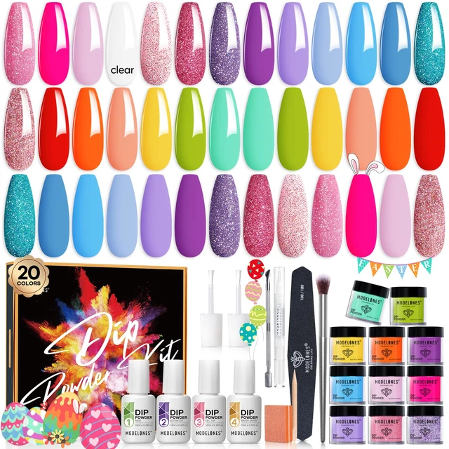 32 piezas kit de inicio de uñas en polvo de inmersión, 20 colores rosa caliente neón brillo suma de resorte