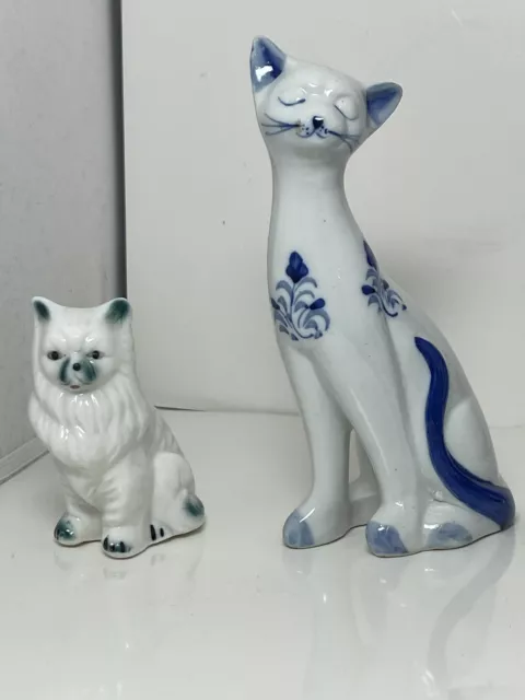 Two Vintage Ceramic Cats White With Blue Trim Nice