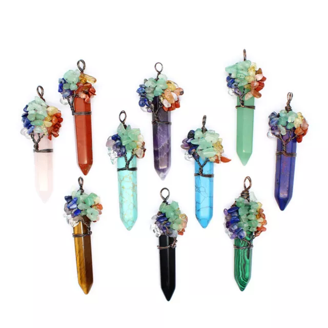 Natural Crystal Tree of Life Pendant Chakra Wire Wrapped Hexagonal Point Healing