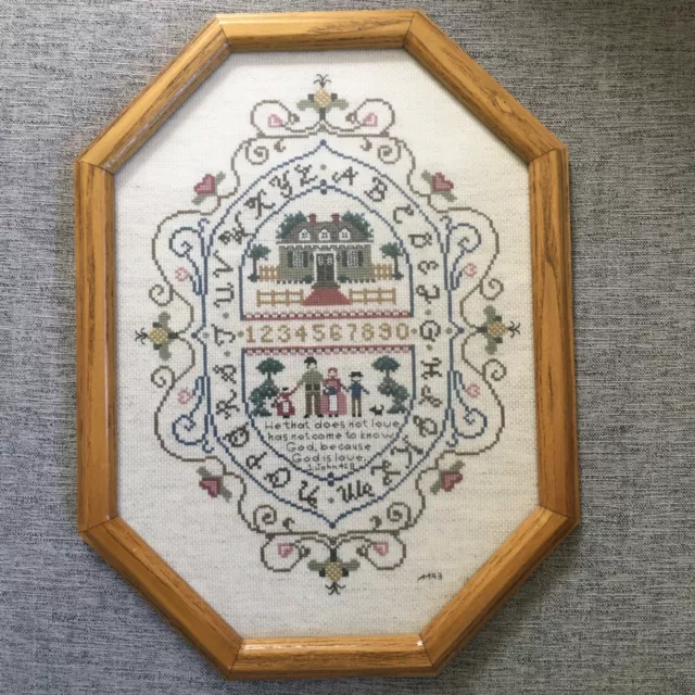 Vintage 1990's Cross Stitch Sampler Framed Wall Hanging. Measures Approx 12"x16"