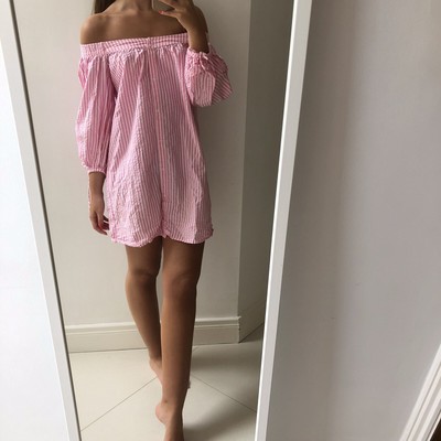 Zara Shirt Dress Size M 10 Bardot Pink Striped Mini Button Up Tie Sleeve Cotton