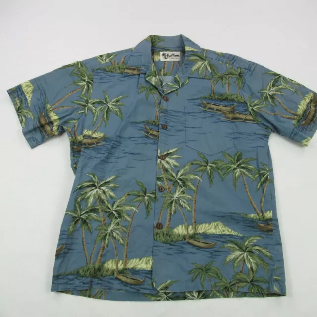 Howie Hawaiian Shirt Mens Large Short Sleeve Pocket Blue Button Front Palm Tree