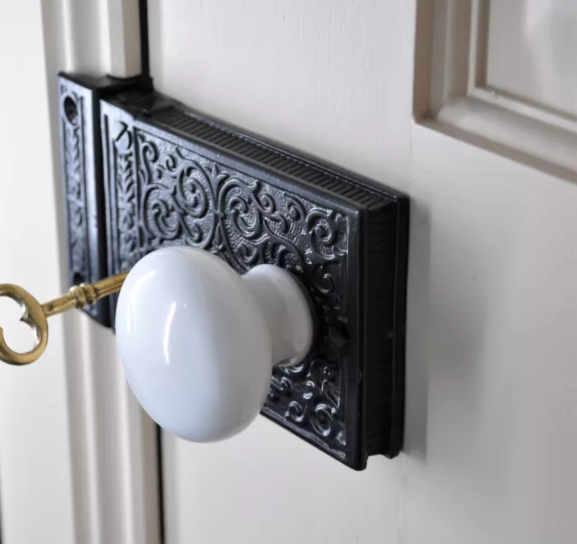 Ornate Rim Lock + White China Knob Set-Black Cast Iron Incised Victorian Style