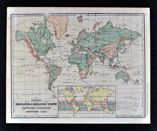 1871 McNally Physical World Map Mountains Volcanoes Wind Currents Isothermal