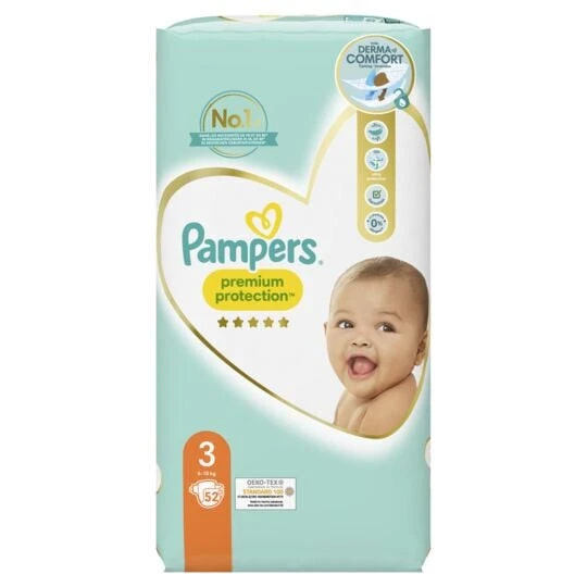 PAMPERS - Premium Protection Taille 3 6kg-10kg Couches Bébé - paquet de 52 couch