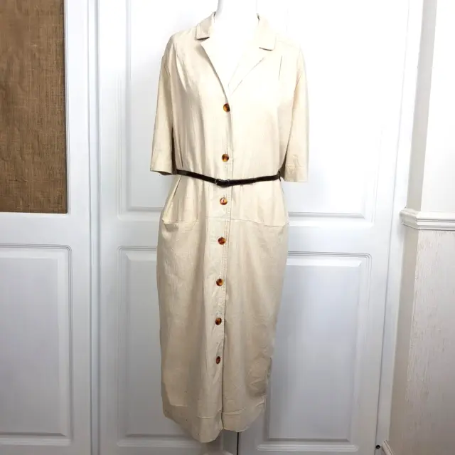 ST MICHAEL Vintage Size 16 Beige Linen / Cotton Safari Dress