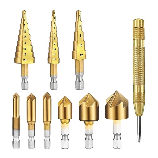 10Pcs Step Drill Bit Set 1/4 Inch Hex 5 Flute Counter Sink Drill Bit O4