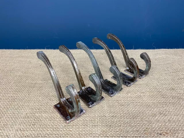 Set 5 X Vintage Art Deco Reclaimed Cast Iron Coat Door Hooks With Square Base