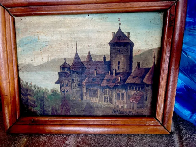 Romantic oil Painting Landscape  Schloss old Castle on lake vintage
