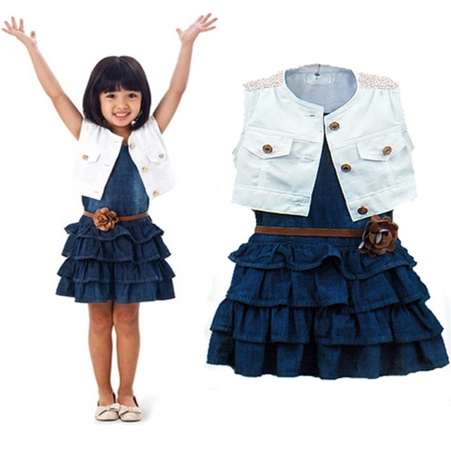3 pz abiti in denim per bambina + gilet + set di vestiti cintura bambini