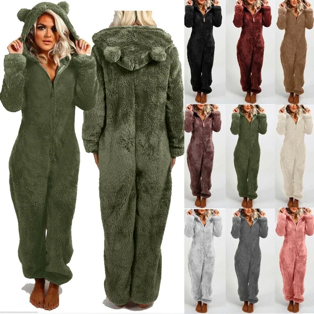 Women Fluffy Fleece Jumpsuit Cat Ear Hoodie Warm Pajamas Playsuit Sleepwear US
