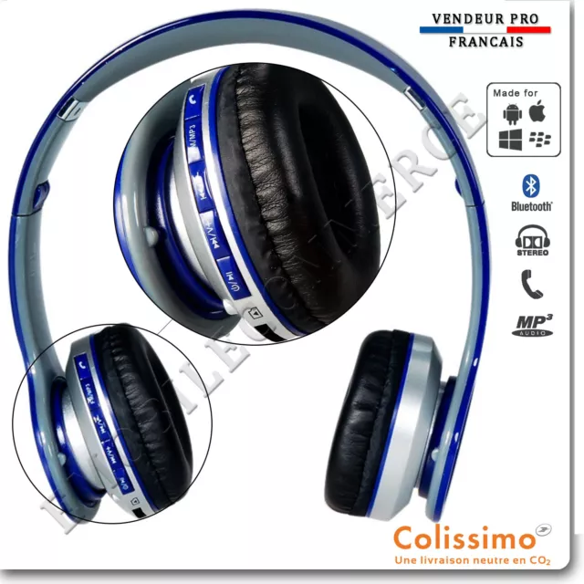 Casque Bluetooth Stéréo Sport Pliable Ecouteurs MP3 avec un micro intégré bleu