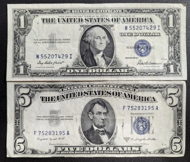 Higher Grade 1935 $1 One Dollar + 1953 $5 Five Dollar Silver Certificates  (017)