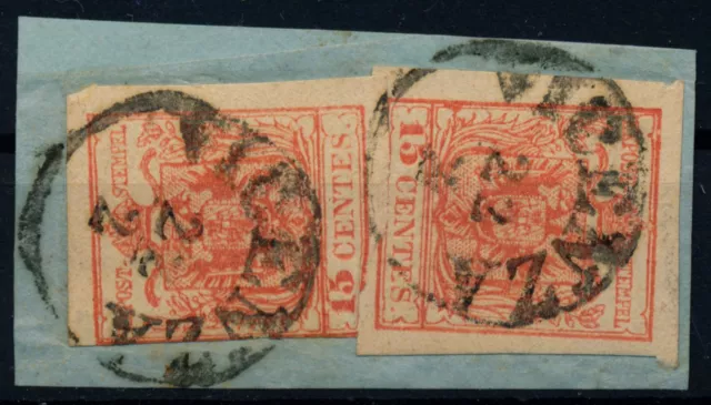 LOMBARDEI-VENETIEN 1850 2*15C, auf Briefstück, MP, Type III. VICENZA. Attraktiv!