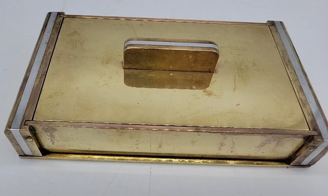 Vtg Art Deco Solid Brass Silver Inlay Cigarette Tobacco Box Case Desk Table 7x4"