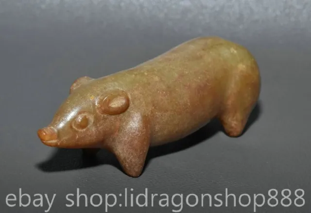 3.4" Chinese Natural Hetian Nephrite Jade Carving Animal Pig Wealth Statue 3